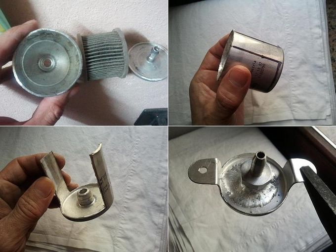 Una breve cronistoria a immagini della modifica del filtro originale per trasformarlo in supporto. La parte più impegnativa è saldare un beccuccio (recuperato da una vecchia valvola di non ritorno) usando un cannello e una bacchetta durafix per saldobrasatura dell'alluminio.