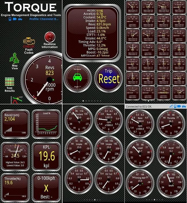 Una serie di schermate della App Torque prese dal web. E' possibile monitorare moltissimi parametri attraverso la porta OBD2 e una interfaccia Elm327, sia sulle auto che sulle moto BMW