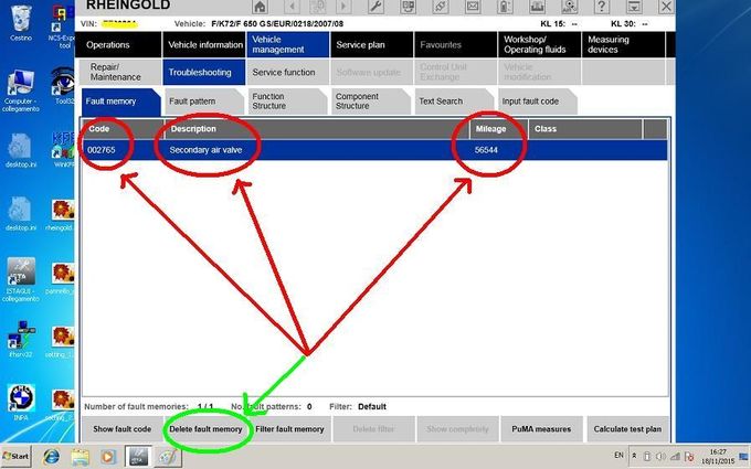 DIAGNOSI - Cliccando sul blocco con errori si vede la loro identificazione come ho indicato in figura, e i km a cui si è presentato l'errore. Successivamente è possibile cancellare l'errore dopo averne eliminato la causa (nel mio caso ho ricollegato il sensore dell'aria secondaria). Il programma chiede conferma per azzerare gli errori fecendo spegnere e poi riaccendere il quadro in modo guidato, con degli avvisi ad ogni  passaggio.