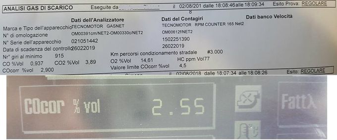 Esiti del test sulle emissioni di scarico. REGOLARE con i complimenti dell'operatore quando ha saputo delle modifiche effettuate.